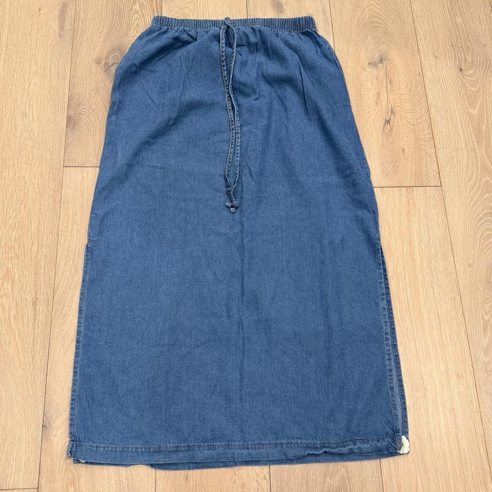 Vintage Better Than Basics Chambray Maxi Skirt Rosettes Tie Waist Boho Cottage L